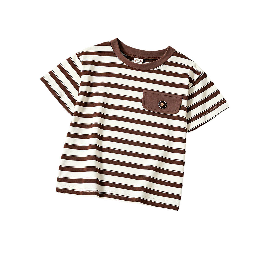 Taiyage - Baby Striped Cotton Short Sleeves T-Shirt With Button Detail - Coffee