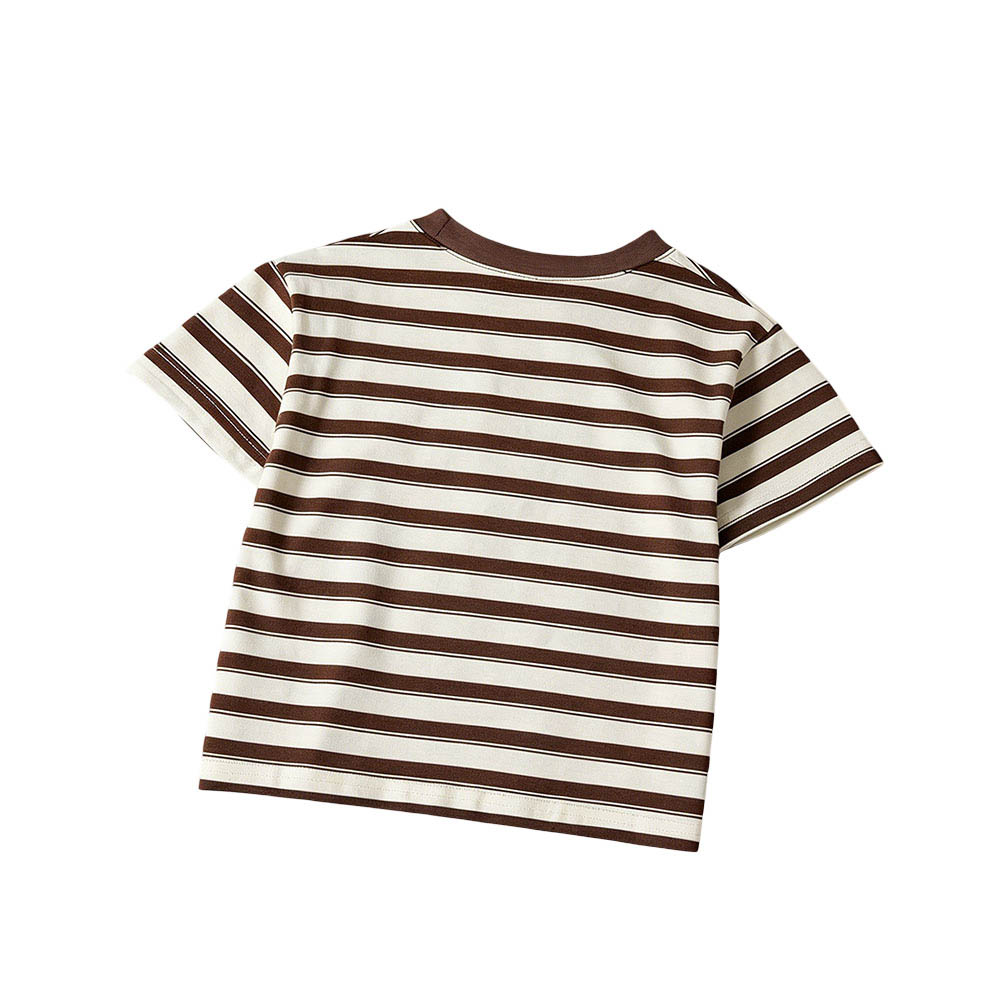 Taiyage - Baby Striped Cotton Short Sleeves T-Shirt With Button Detail - Coffee