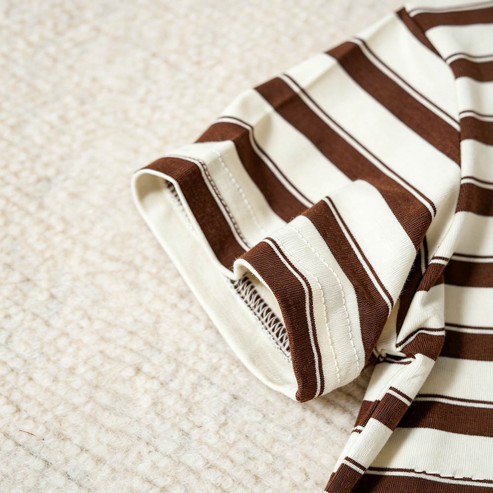Taiyage - Baby Striped Cotton Short Sleeves T-Shirt With Button Detail - Coffee