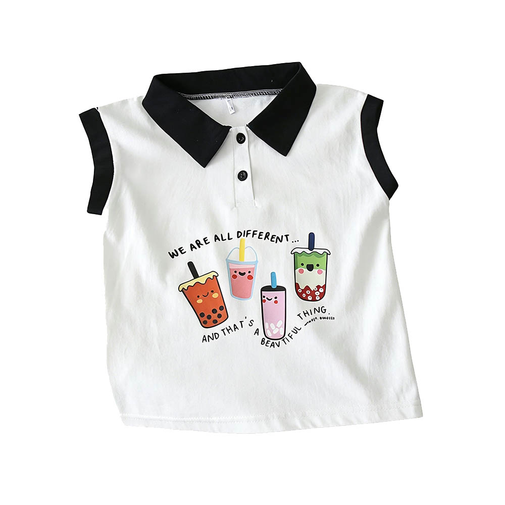 Taiyage - Baby Cotton Printed Sleeveless Collared Top - Off-White