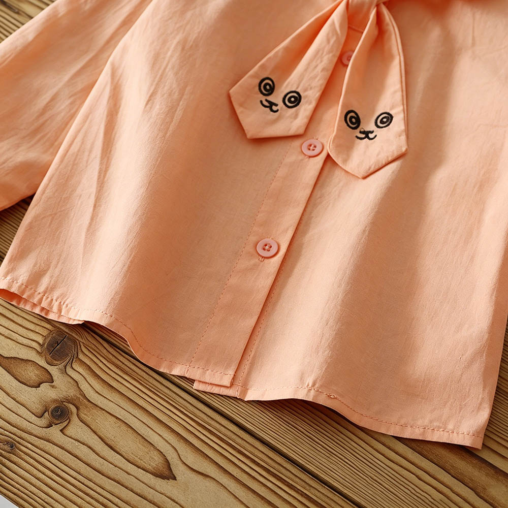 Taiyage - Baby Girl's Embroidered Bunny Tie Long-Sleeves Shirt - Orange