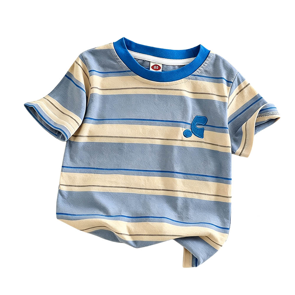 Taiyage - Baby Striped Short Sleeves T-Shirt With Applique Detail - Blue