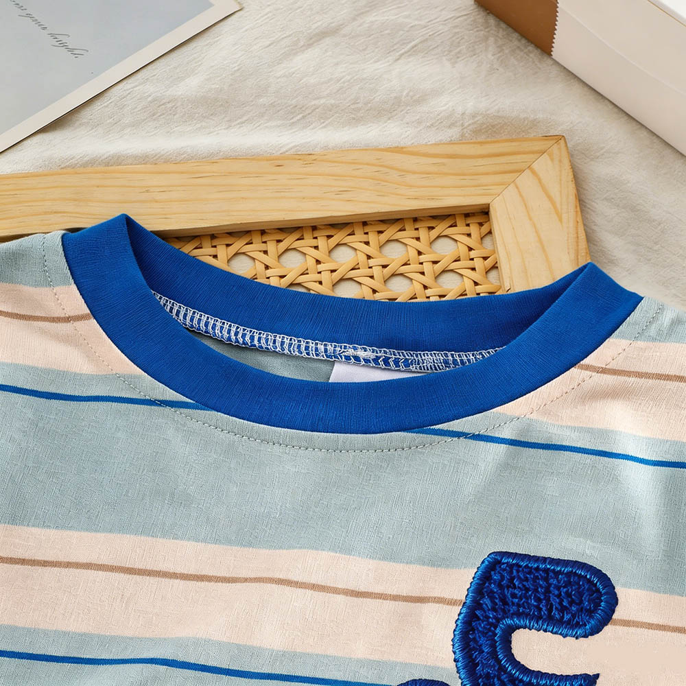 Taiyage - Baby Striped Short Sleeves T-Shirt With Applique Detail - Blue