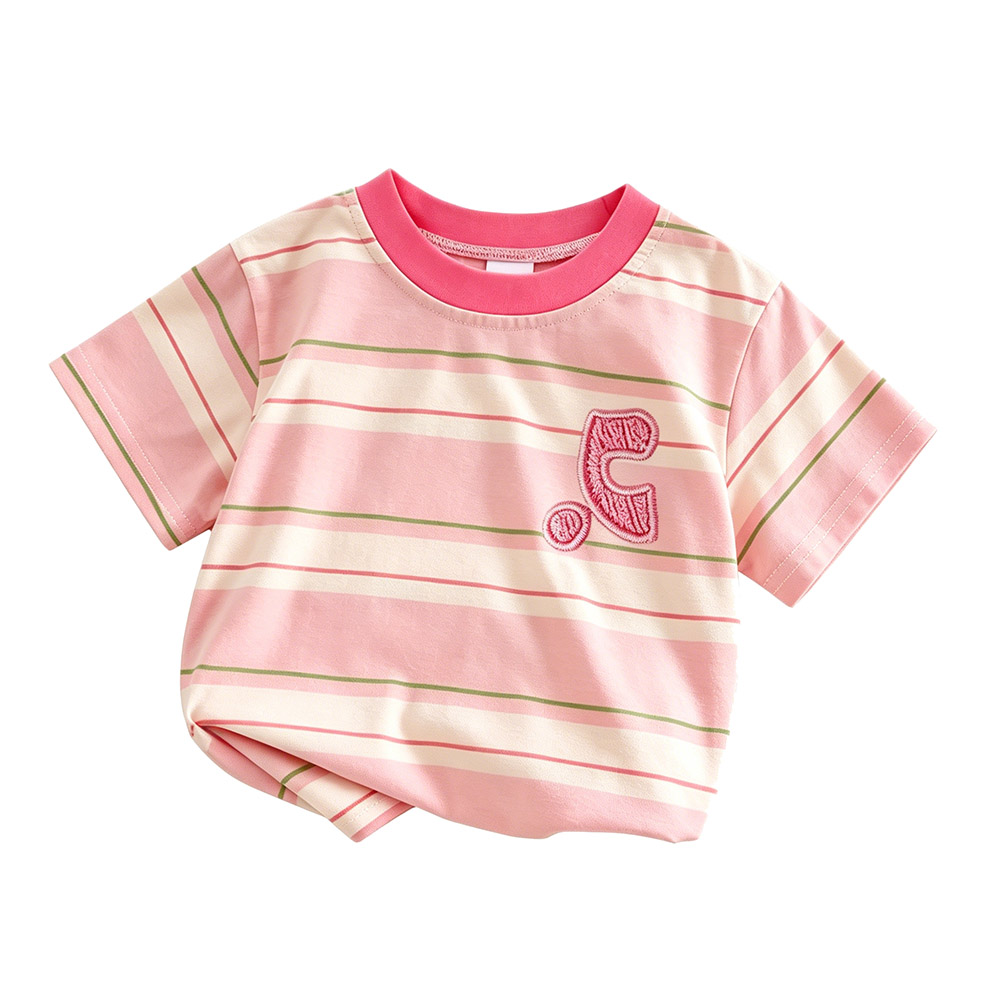 Taiyage - Baby Striped Short Sleeves T-Shirt With Applique Detail - Pink