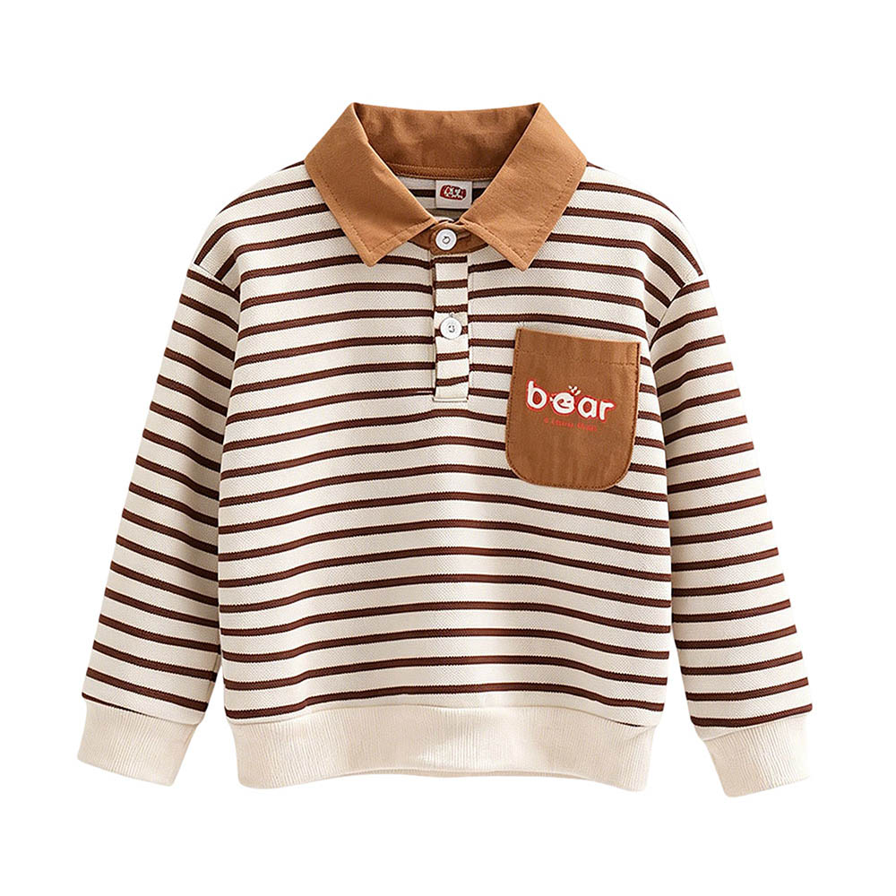 Taiyage - Baby Boy's Striped Bear Printed Long Sleeves Polo T-Shirt - Khaki