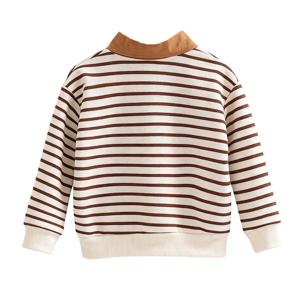 Taiyage - Baby Boy's Striped Bear Printed Long Sleeves Polo T-Shirt - Khaki