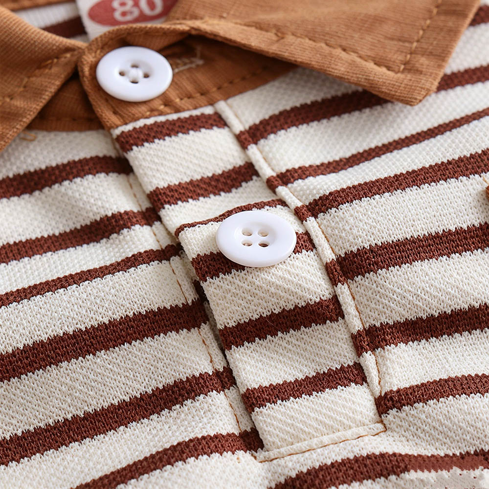 Taiyage - Baby Boy's Striped Bear Printed Long Sleeves Polo T-Shirt - Khaki