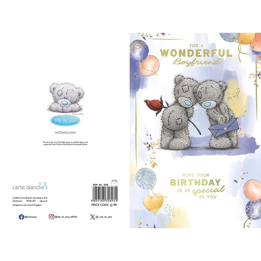 Carte Blanche - For A Wonderful Boyfriend Birthday Greeting Card - Bear With Rose & Card
