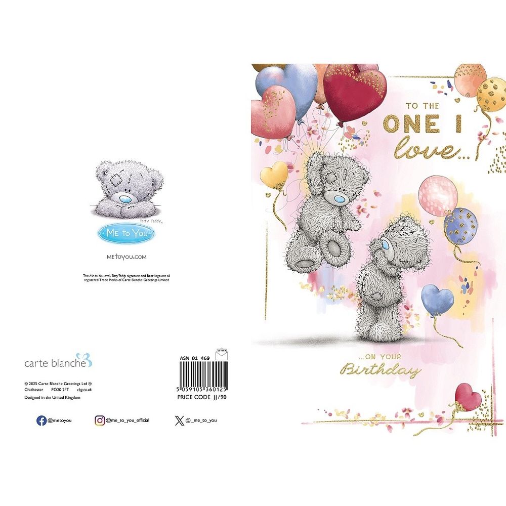 Carte Blanche - To The One I Love Birthday Greeting Card - Bear With Balloons