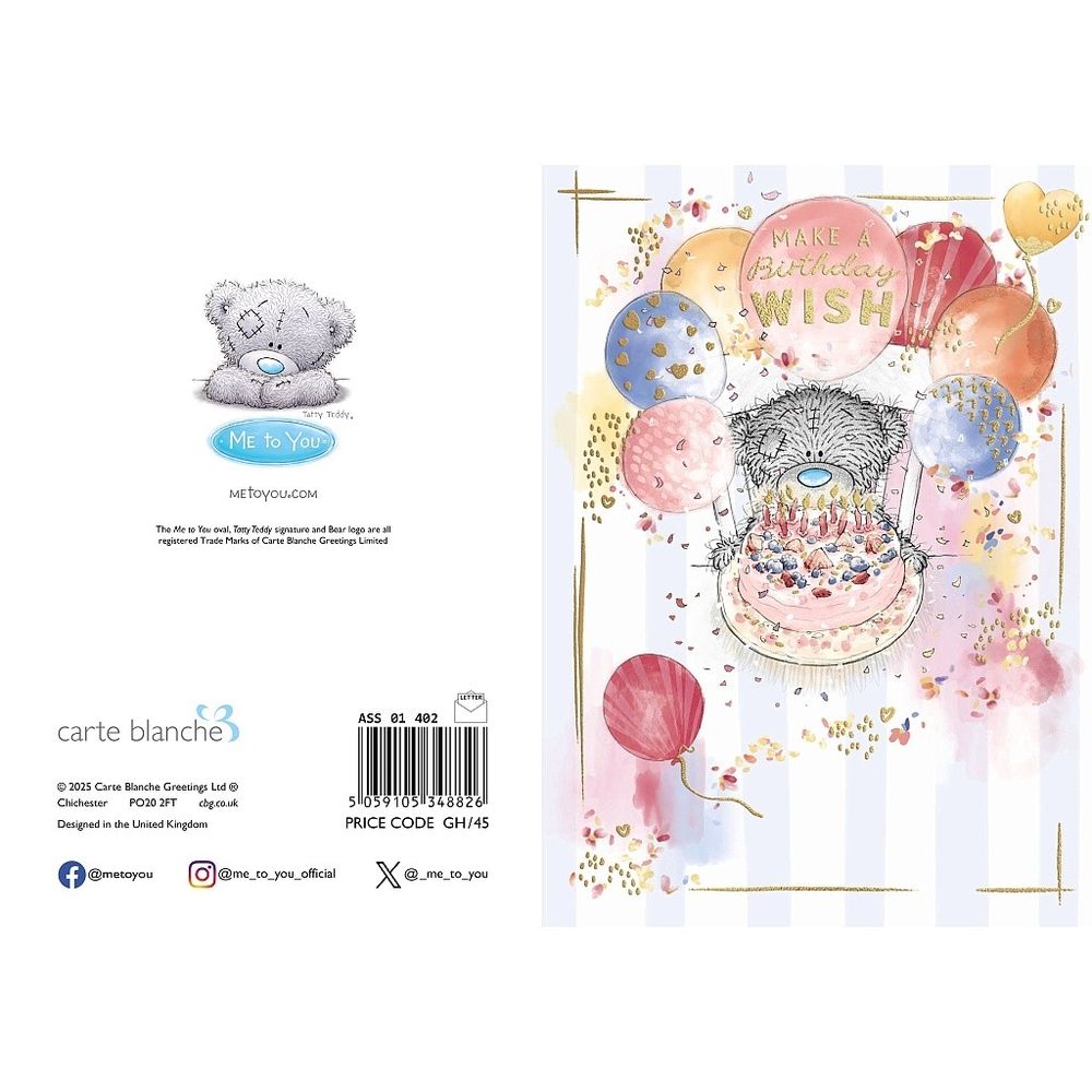 Carte Blanche - Birthday Wish Greeting Card - Bear With Cake & Balloons