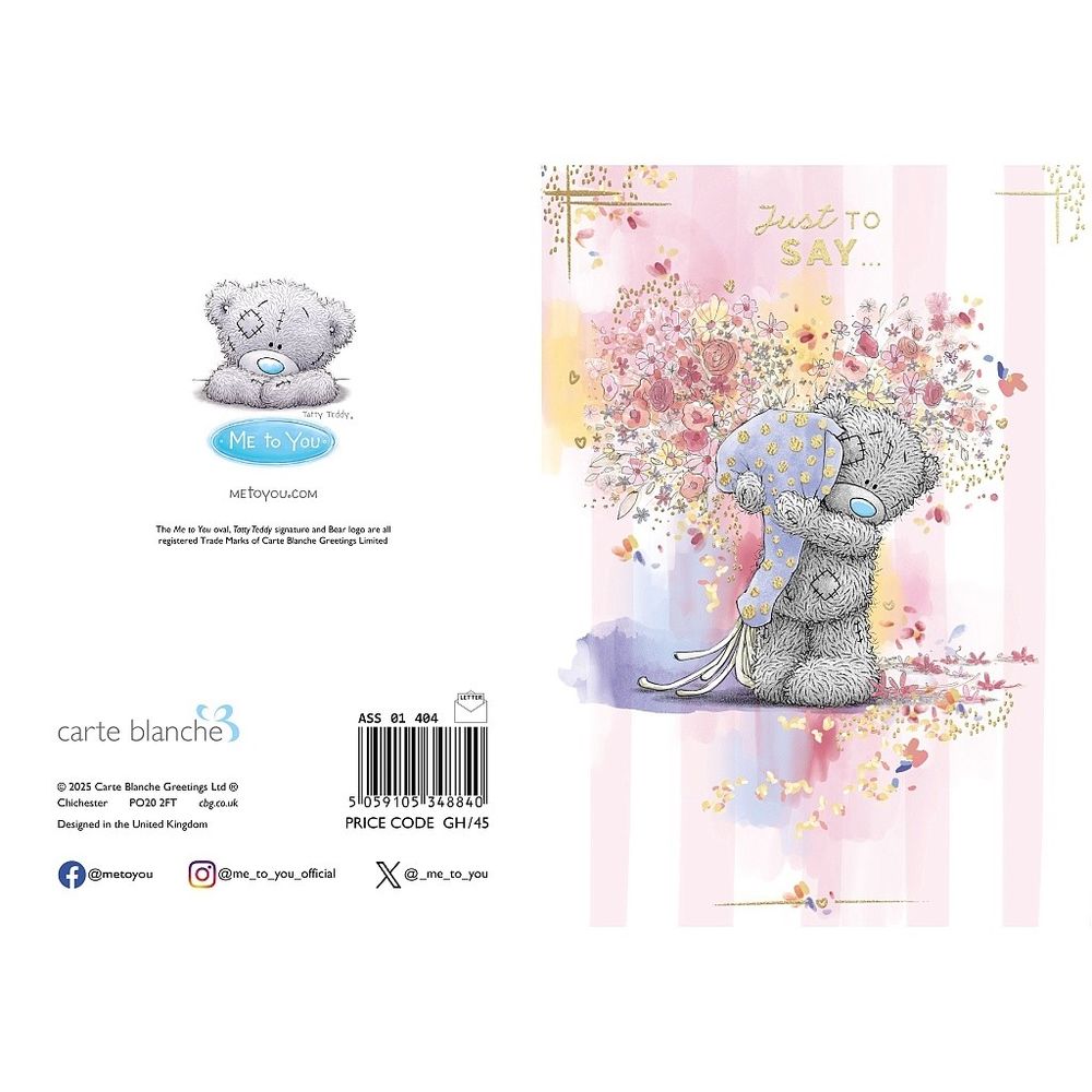 Carte Blanche - Just To Say Greeting Card - Bear Holding Flower Bouquet