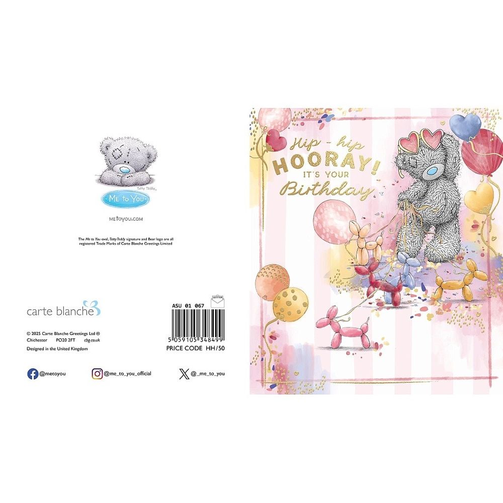 Carte Blanche - Hip-Hip Horray Birthday Greeting Card - Bear With Heart & Balloons