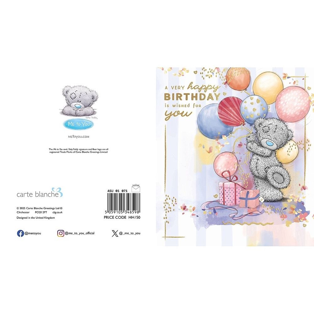 Carte Blanche - A Very Happy Birthday Greeting Card - Bear Holding Balloons