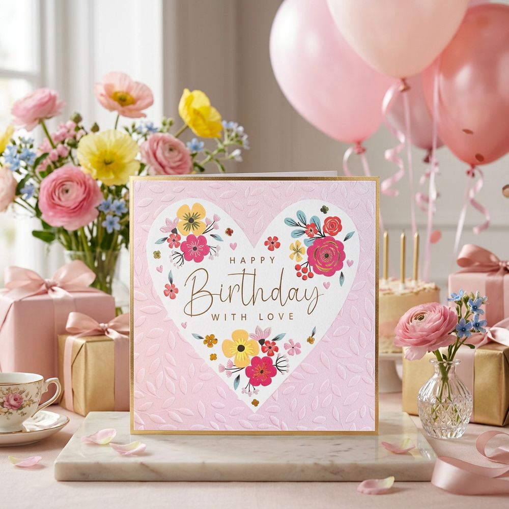 Tracks - Happy Birthday Blank Floral Heart Design Card