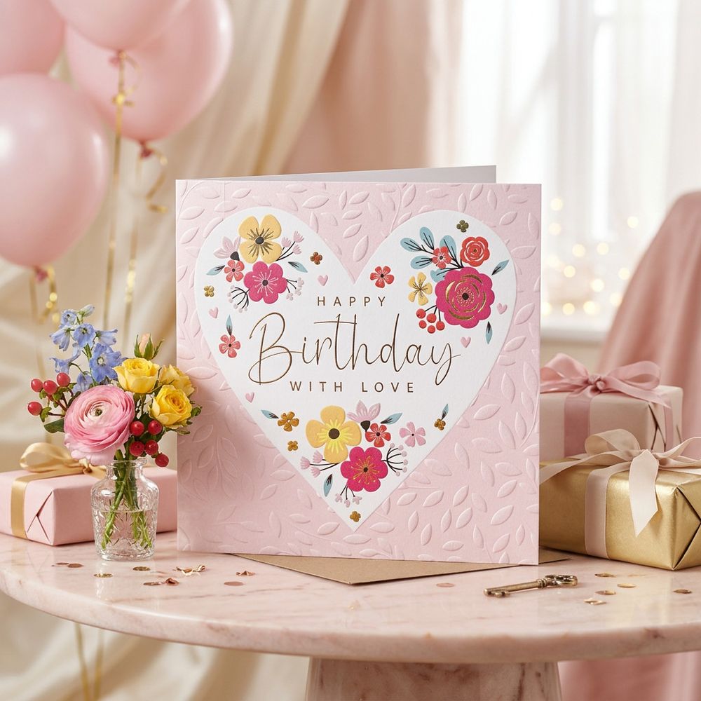 Tracks - Happy Birthday Blank Floral Heart Design Card