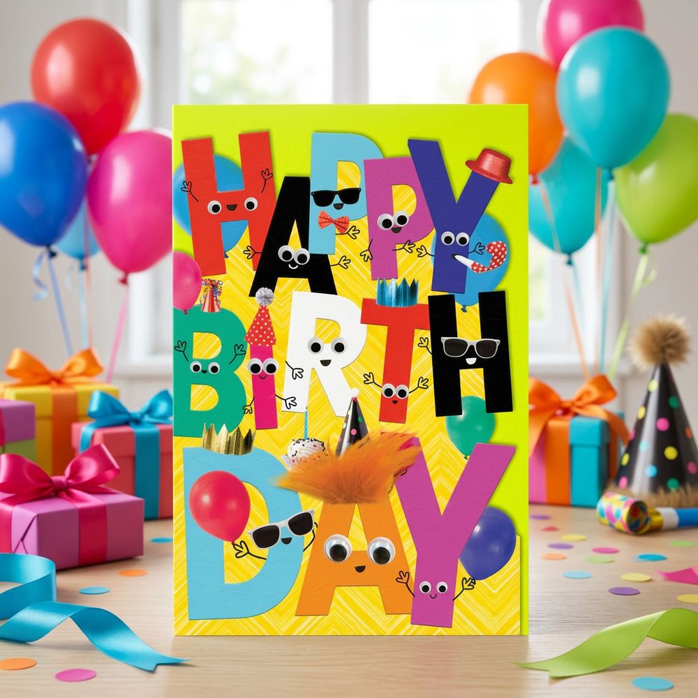 Tracks - Happy Birthday Glasses, Eyes Fluff & Gogglie Design Card