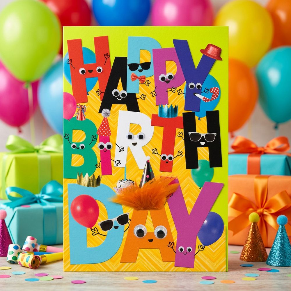 Tracks - Happy Birthday Glasses, Eyes Fluff & Gogglie Design Card