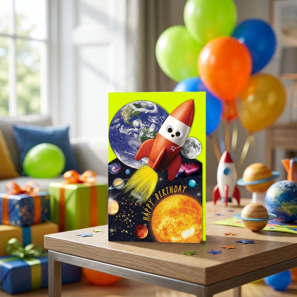 Tracks - Rocket To Space Fluff & Gogglie Design Happy Birthday Card