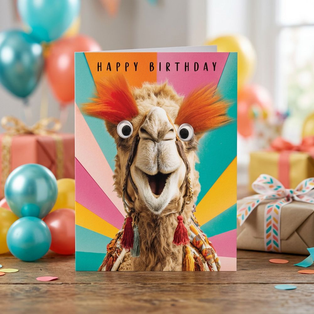 Tracks - Amazed Camel Fluff & Gogglie Design Happy Birthday Card