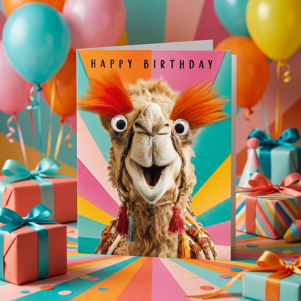 Tracks - Amazed Camel Fluff & Gogglie Design Happy Birthday Card