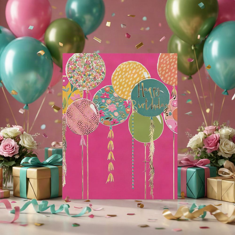 The Great British Card Company - Happy Birthday Greeting Card - Patterned Round Balloons