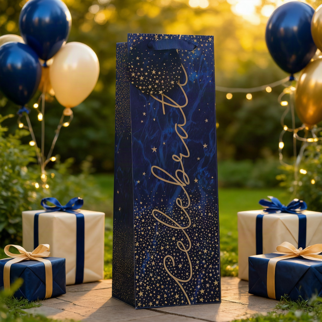 SimonElvin - Celebration With Golden Stars Bottle Gift Bag