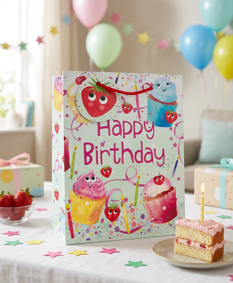 SimonElvin - Cupcake And Strawberry Happy Birthday Gift Bag - Large