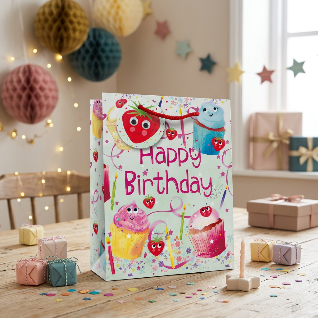 SimonElvin - Cupcake And Strawberry Happy Birthday Gift Bag - Large