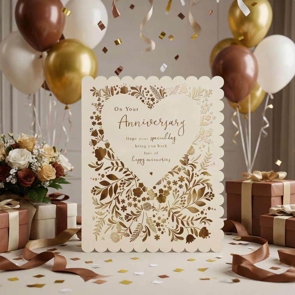 The Great British Card Company - Anniversary Greeting Card - Floral & Heart Design