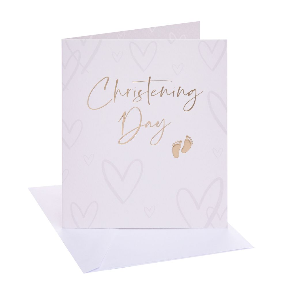UK Greetings - Christening Day Greeting Card With Envelope - Hearts & Footprints
