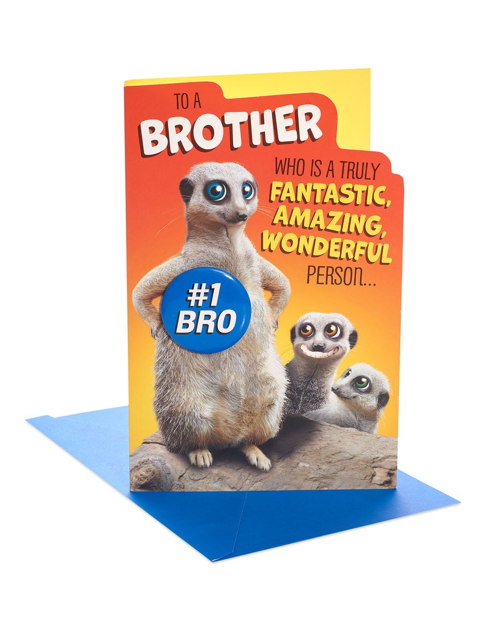 Uk Greetings - Happy Birthday Brother Meerkat Wearing Badge Card - Multicolor