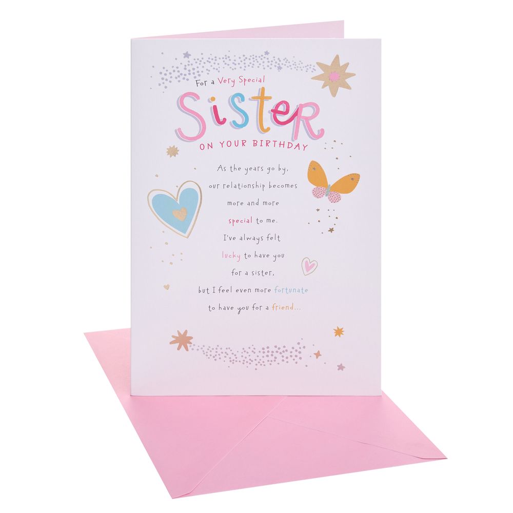 UK Greetings - Happy Birthday Sister Greeting Card - Butterfly, Heart & Star