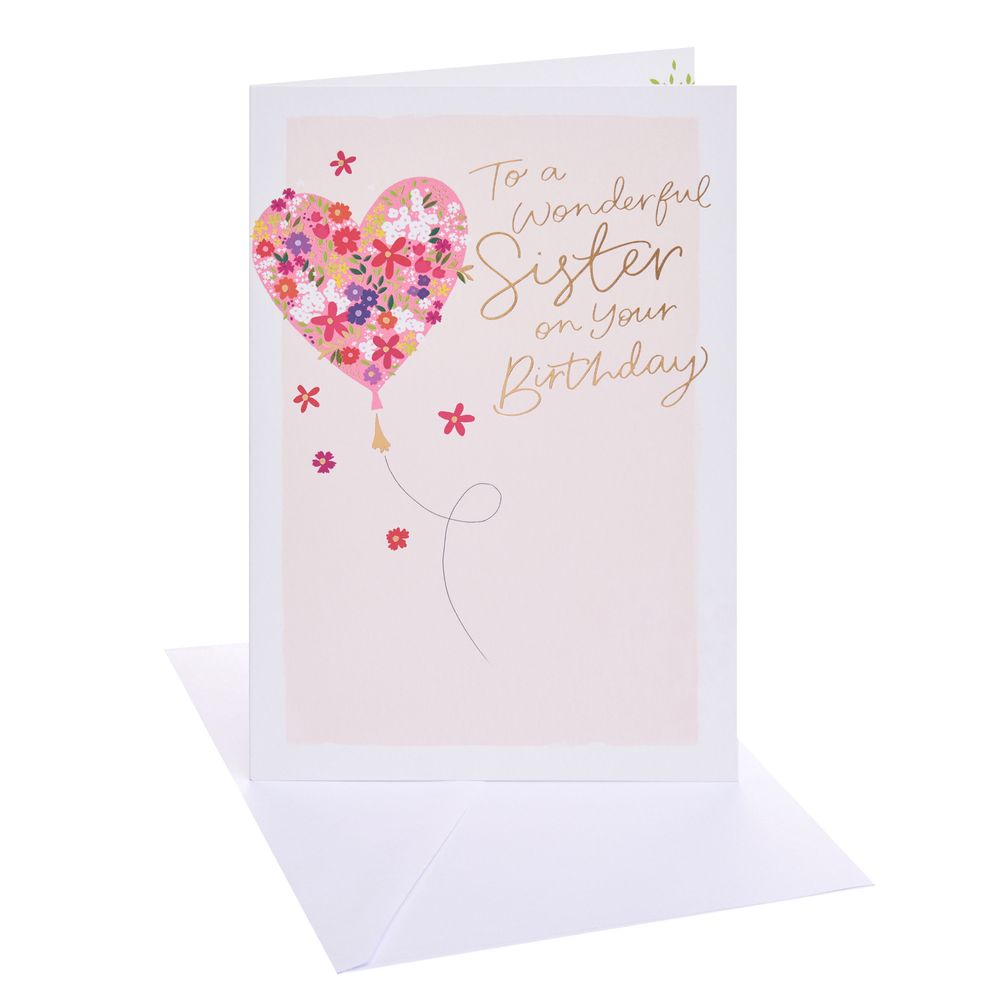 UK Greetings - Happy Birthday Wonderful Sister Greeting Card - Heart Balloon & Flower