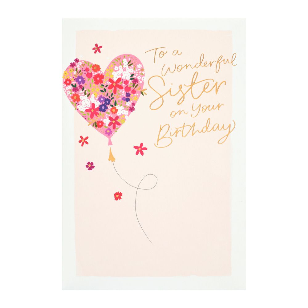 UK Greetings - Happy Birthday Wonderful Sister Greeting Card - Heart Balloon & Flower