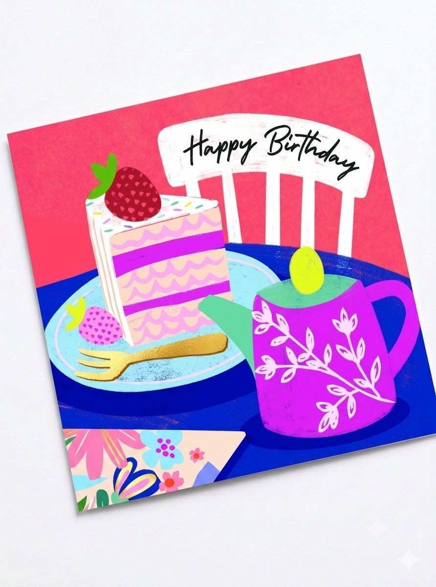 Laura Darrington Design - Happy Birthday Greeting Card - Afternoon Tea Design