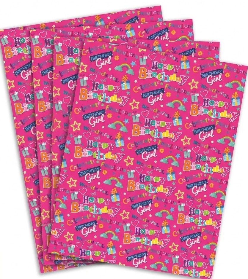 SimonElvin - Flat Gift Wrap & Tag Set - Happy Birthday Girl - 6 Pcs