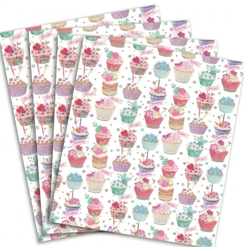 SimonElvin - Flat Gift Wrap & Tag Set - Designer Cupcakes - 6 Pcs