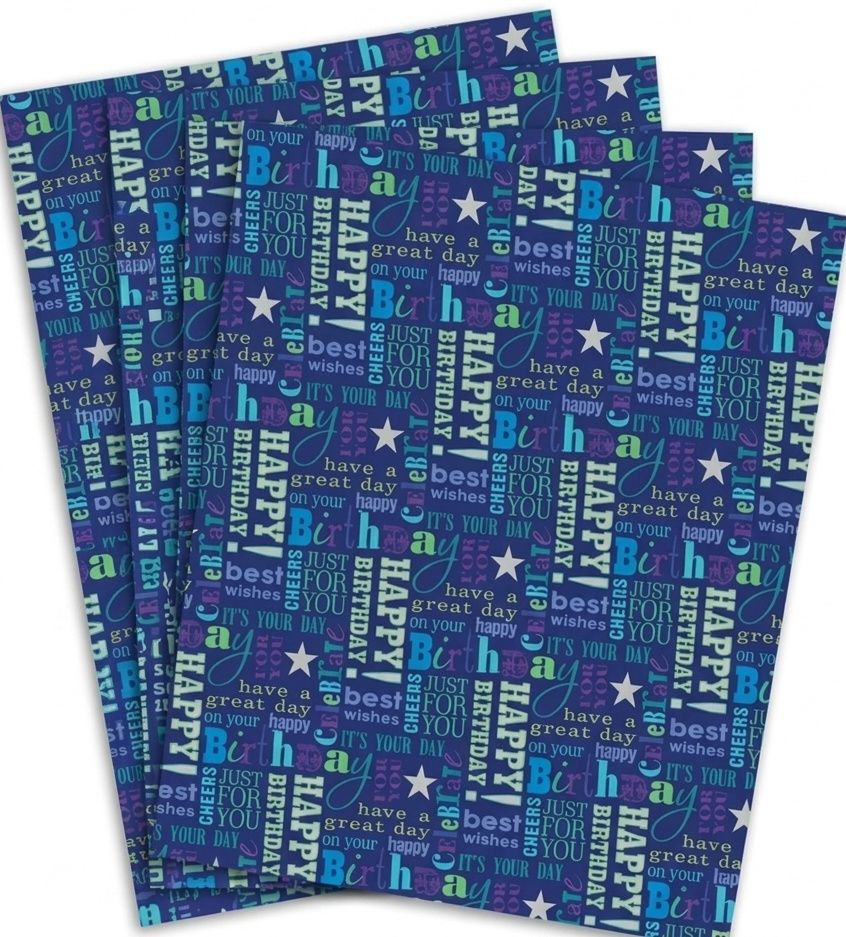 SimonElvin - Happy Birthday Design Flat Gift Wrap With 2 Gift Tags - Blue - 6 Pcs