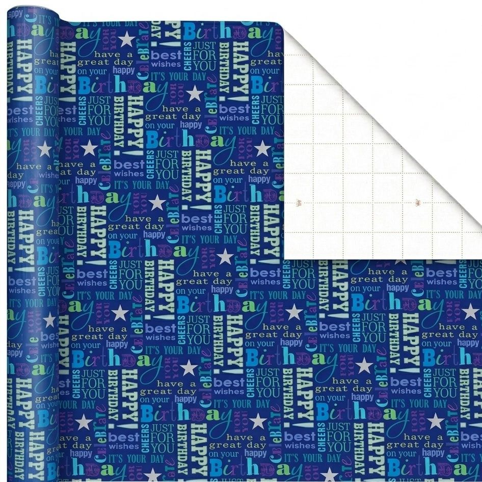 SimonElvin - Happy Birthday Design Flat Gift Wrap With 2 Gift Tags - Blue - 6 Pcs