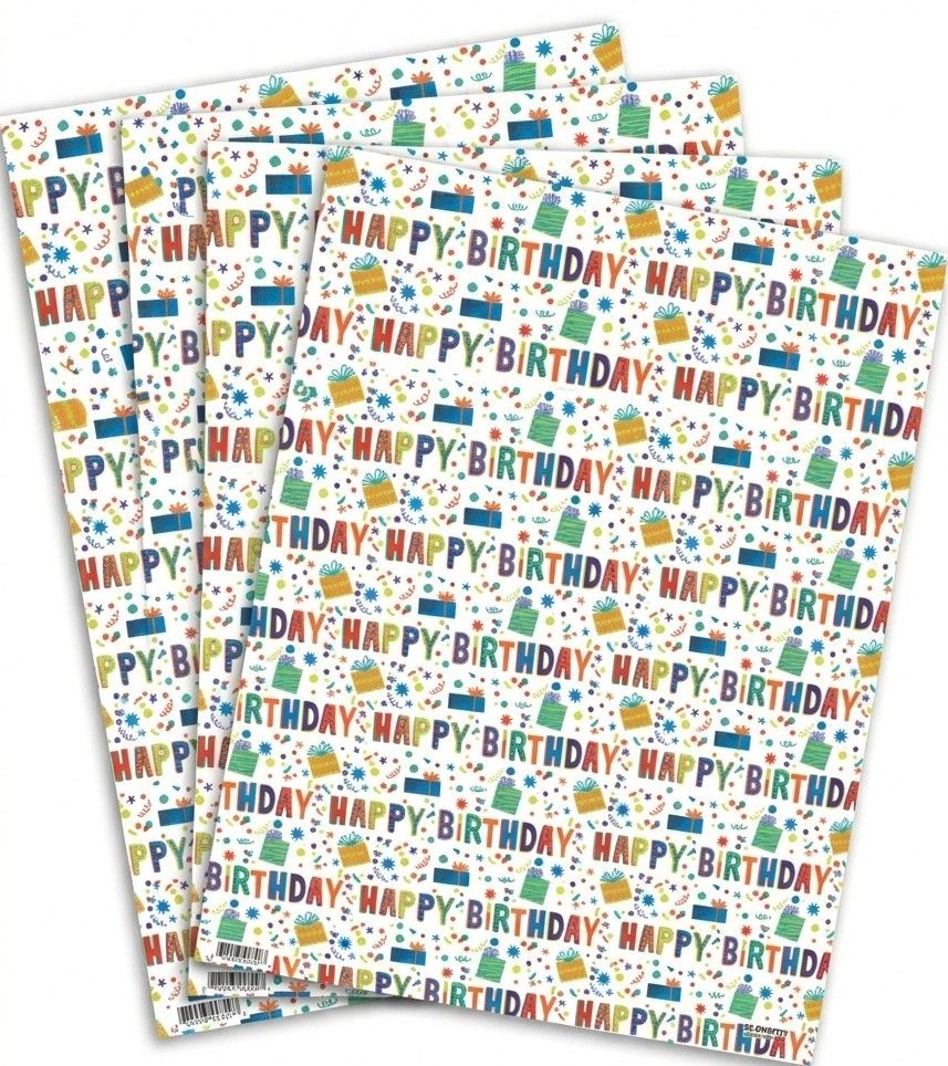 SimonElvin - Flat Gift Wrap & 2 Gift Tags - Happy Birthday Writing - 6 Pcs