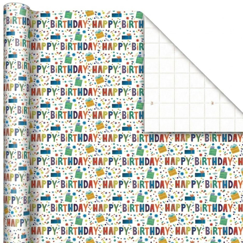 SimonElvin - Flat Gift Wrap & 2 Gift Tags - Happy Birthday Writing - 6 Pcs