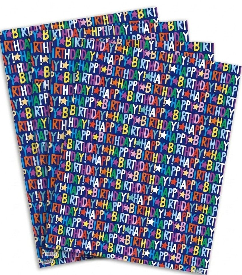 SimonElvin - Happy Birthday Themed Flat Gift Wrap & 2 Gift Tags - Blue - 6 Pcs