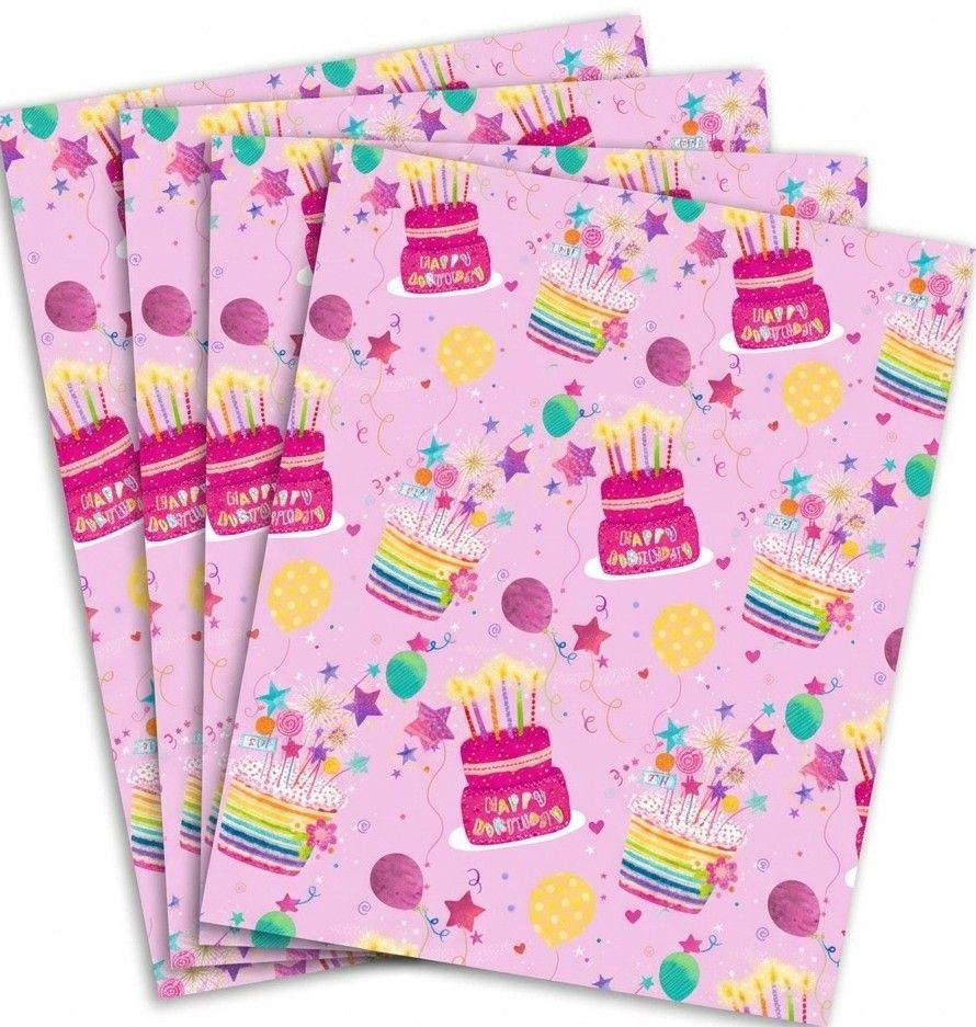 SimonElvin - Flat Gift Wrap & Tag Set - Happy Birthday Cake & Candles - 6 Pcs