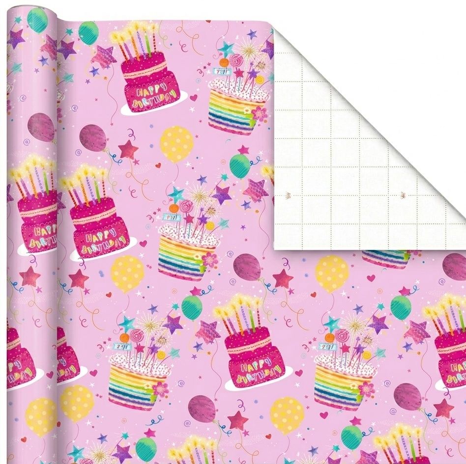 SimonElvin - Flat Gift Wrap & Tag Set - Happy Birthday Cake & Candles - 6 Pcs