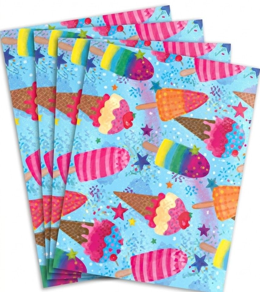 SimonElvin - Ice Cream Themed Flat Gift Wrap & Tag Set - Multicolor - 6 Pcs