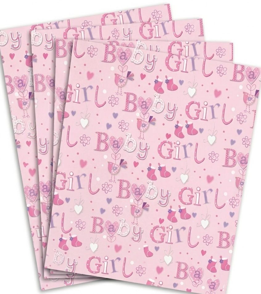 SimonElvin - Baby Girl Themed Flat Gift Wrap & Tag Set - Pink - 6 Pcs