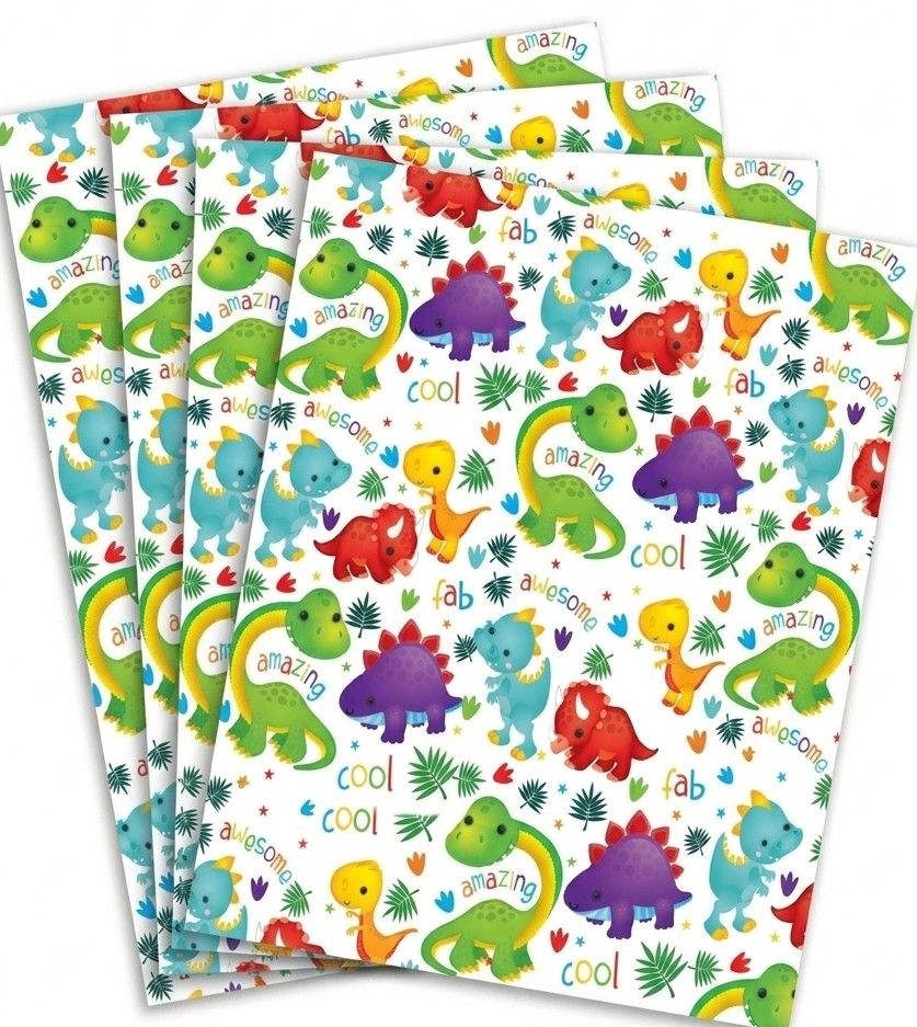 SimonElvin - Dino Themed Flat Gift Wrap & Tag Set - Multicolor - 6 Pcs