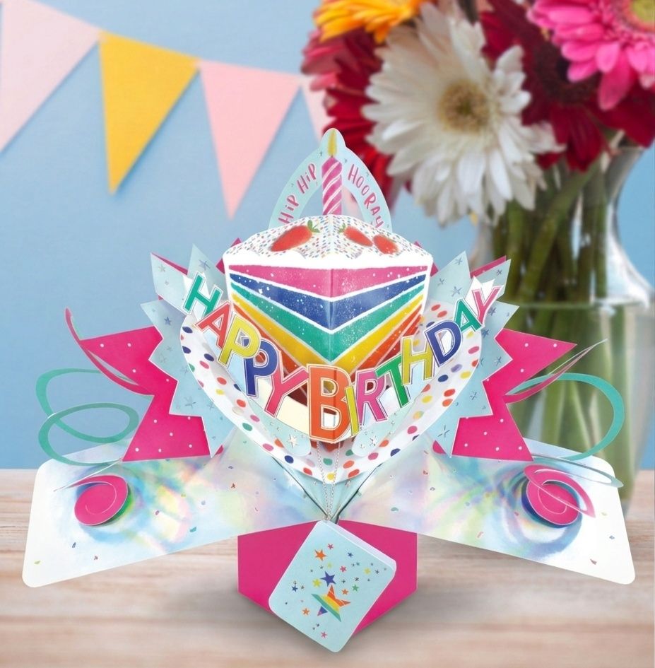 Second Nature - 3D Pop-Up Rainbow Cake Slice Greeting Card - Multicolor
