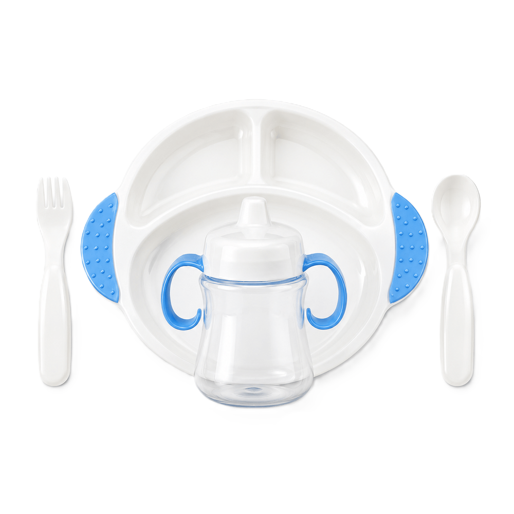 Al Arqam - Toddler Tableware Self Feeding Set - Blue/White - 4 Pc Set