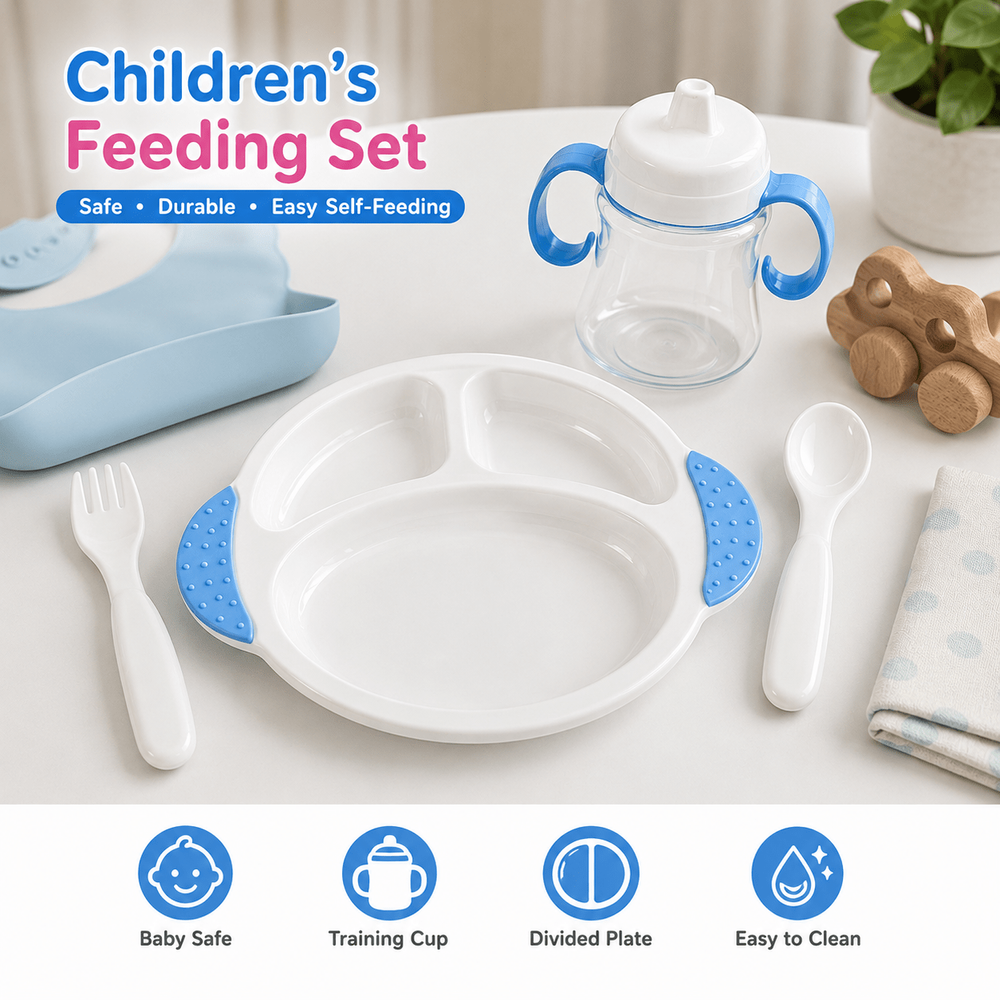 Al Arqam - Toddler Tableware Self Feeding Set - Blue/White - 4 Pc Set